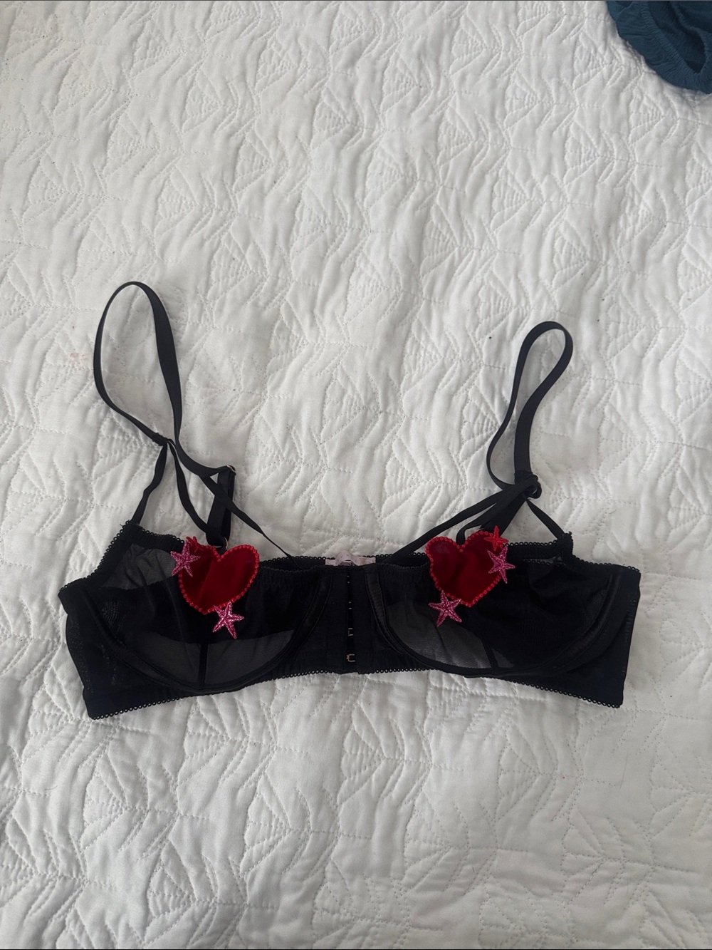 Savage X Fenty Black Sheer Underwire Bra with Red Heart & Pink Star Accents